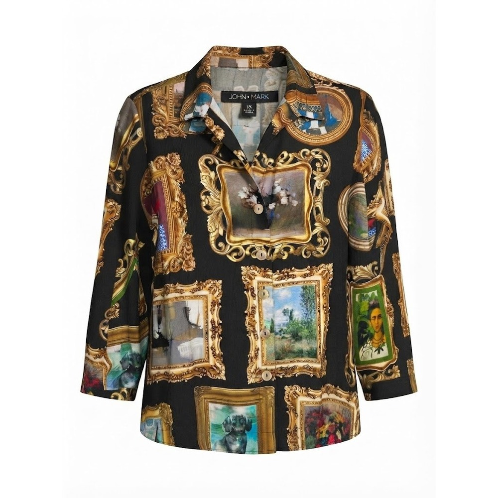 NEW‎ John Mark Art Gallery Masterpiece Button Down Shirt 1X Black Gold - IW
